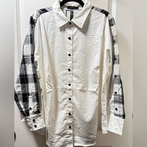 White and Gray Button Down Shirt with Bold Sleeves